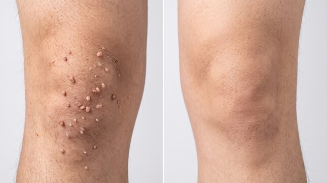 Medical Comparison of Knee with Multiple Skin Tags Warts and Healed Smooth Skin