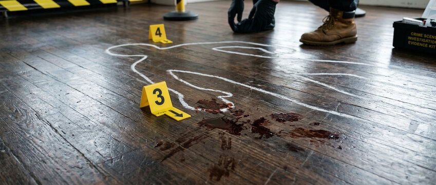 Crime Scene Investigation Chalk Outline and Blood Splatter with Evidence Markers on Wooden Floor