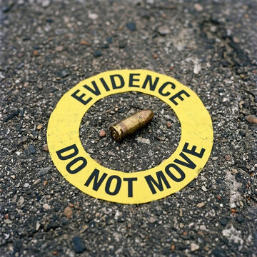 Crime Scene Evidence Bullet and Yellow Do Not Move Marker on Asphalt Road