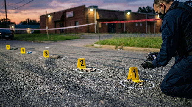 Crime Scene Investigation Detective Collects Evidence with Yellow Markers Chalk Circles and Police Tape at Dusk