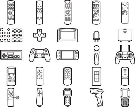 A diverse collection of modern and vintage remote controls, game controllers, and electronic input devices.
