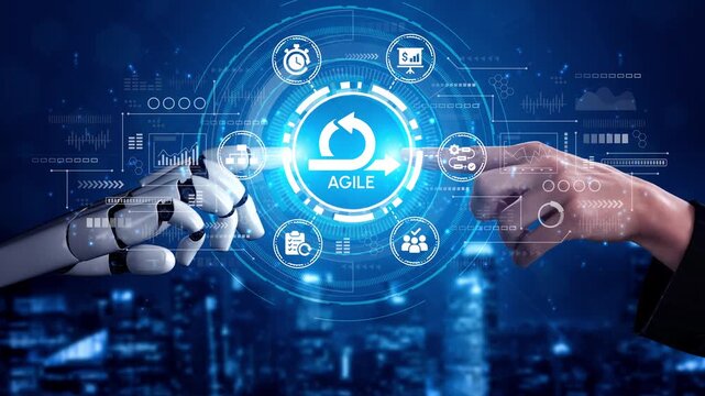 Futuristic Collaboration Between Human and Robot in Agile Development Environment with Digital Elements and Modern Cityscape in Background. Entropy.