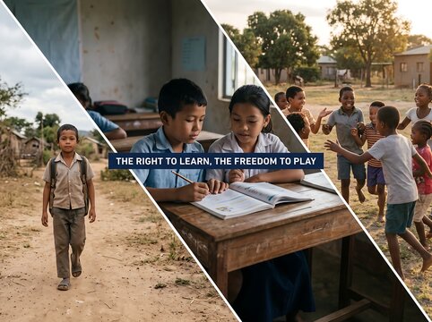 Children learning and playing in a rural african classroom with a split screen composition