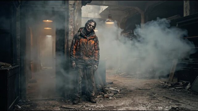Scary zombie man standing in doorway of dark abandoned industrial