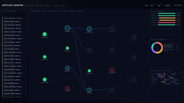 Explore a sophisticated batch ETL monitoring interface featuring dependencies, retries, errors, and SLA compliance with visually engaging animations and color-coded job statuses.