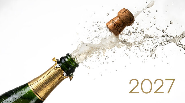 Champagne bottle popping open with high speed liquid splash and flying cork by 2027 numbers on white background