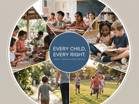 Diverse group of children learning and playing together promoting equality and education