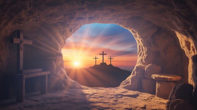 Three wooden crosses standing on a distant hill seen from inside a dark rocky cave at sunrise with silhouetted against bright
