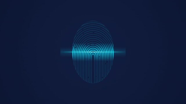 Digital biometric fingerprint scanning process with a glowing blue laser light beam on a dark background, showcasing cyber security technology in a seamless video loop animation.
