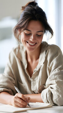 Focused Creativity: A young woman with her hair tied up, wearing a casual beige shirt, smiles contentedly as she writes in a notebook with a pen in her hand.