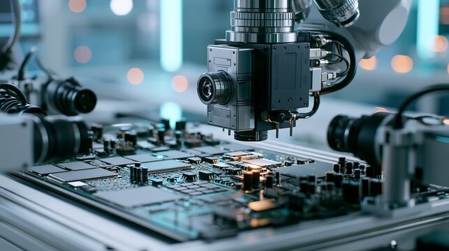 Industrial robotic arm soldering components on a printed circuit board in automated electronics manufacturing