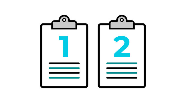 Two clipboards with numbered lists 1 and 2, illustrating options, sequential steps, task management, or comparison in a modern vector design.