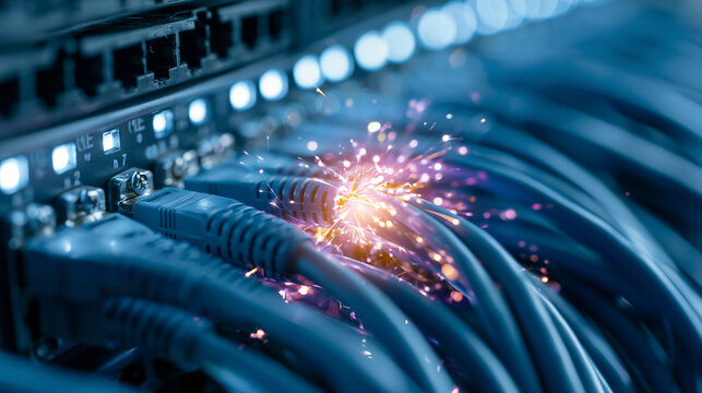 Ethernet cable sparking intensely from a faulty connection in a busy network server rack for data transfer.