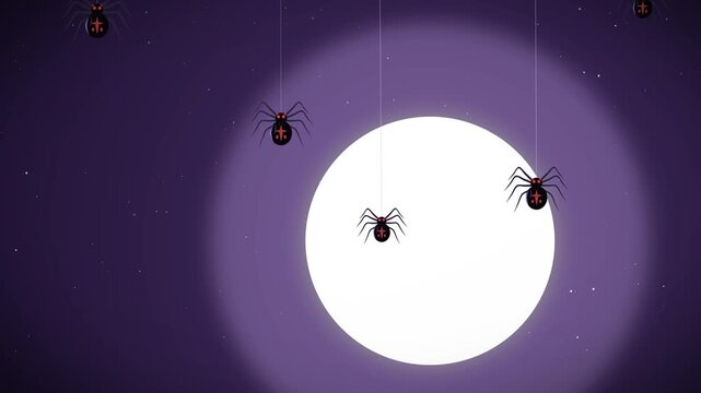 Animated spooky spiders drop and rise around a full moon on a purple halloween night