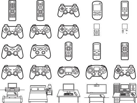 A collection of game controllers and remote controls, representing a variety of gaming and entertainment devices.