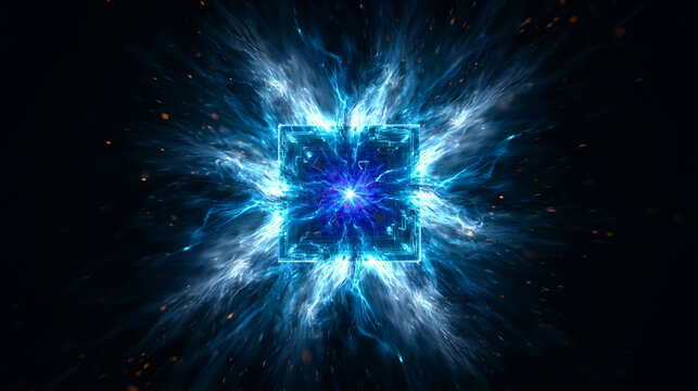 Futuristic cube centerpiece with vibrant blue energy waves exploding outwards, representing powerful digital innovation and abstract cosmic forces.