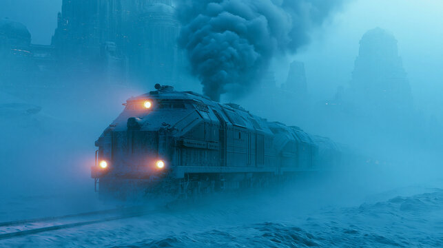Futuristic dieselpunk train with glowing headlights moving through foggy, icy blue landscape with distant futuristic city architecture, a dramatic scene.