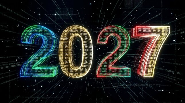 Futuristic Glowing Twenty Twenty Seven Digital Typography With Binary Code Overlay On Dark Geometric Background