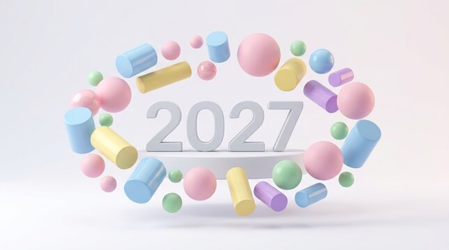 Three D Rendered Upcoming Year Celebration Design With Pastel Geometric Shapes On White Background