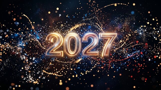 Two Thousand Twenty Seven Gold And Blue Shiny Numbers With Glowing Festive Fireworks Particles Against Dark Background