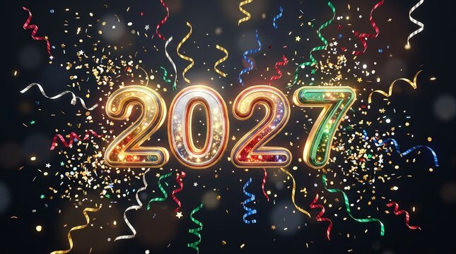 Sparkling Golden Future Year Celebration Text With Colorful Confetti And Ribbons On Dark Background