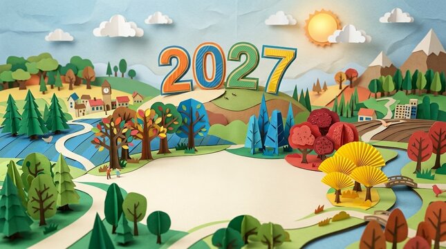 Papercraft Landscape Illustration With Year 2027 In Colorful Natural Seasonal Theme Background