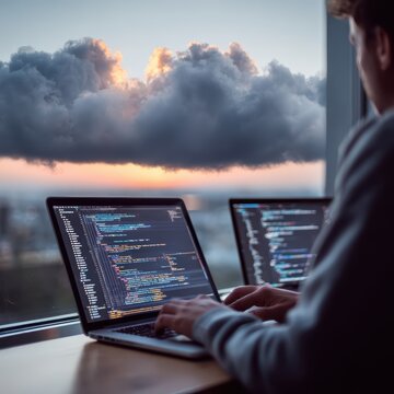 Cloud developer working remotely on a laptop beside a window, typing source code with a second computer nearby and large clouds above the horizon, developing software for a cloud platform