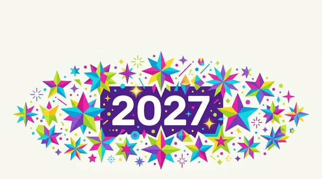 Colorful Star Confetti Twenty Twenty Seven Greeting Design On Off White Background