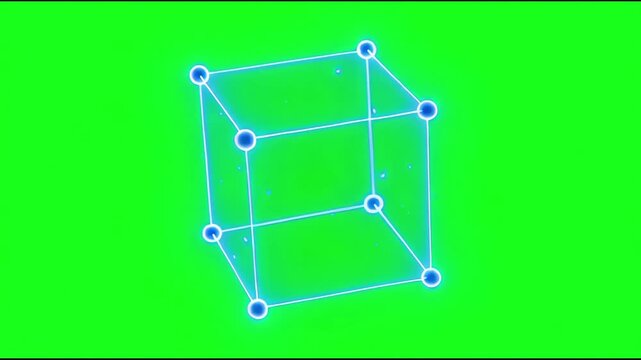 Rotating holographic bounding box with corner markers spinning in 3D space against a bright green screen surface
