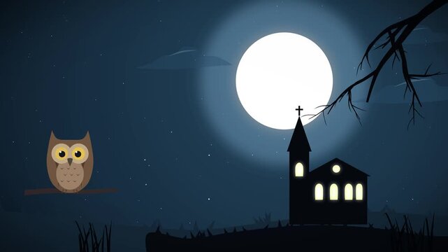 Spooky animated halloween night scene with a blinking owl and haunted church under a full moon movement