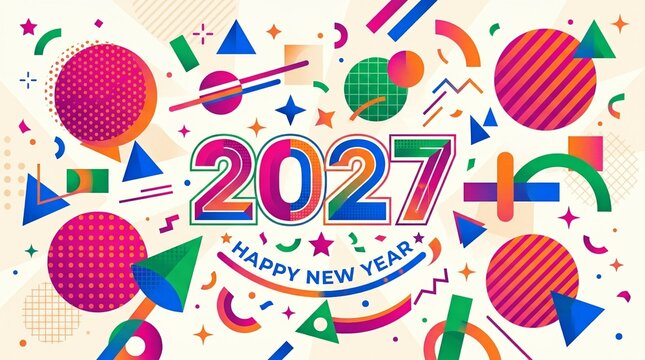 Colorful 2027 Happy New Year Greeting With Vibrant Geometric Shapes And Abstract Design Patterns