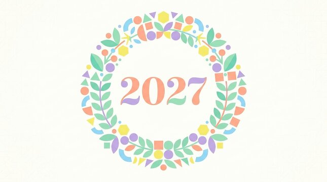 Pixel Art New Year 2027 Floral Wreath Greeting Card Design In Pastel Colors On Light Textured Paper