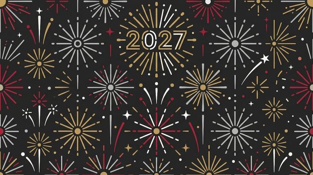 2027 New Year Celebration Design With Golden And Red Fireworks Pattern On Dark Grey Background