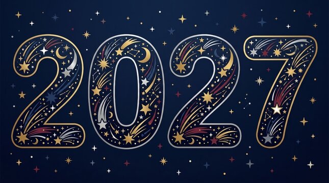 Pixel Art New Year Twenty Twenty Seven Text Design With Glowing Cosmic Stars On Dark Blue Background