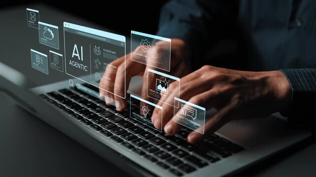 Modern Technology Concept Featuring Hands Typing on Laptop with Futuristic Virtual Interface Representing Artificial Intelligence and Data Processing. Entropy.