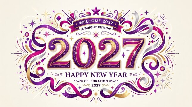 Elegant Happy New Year Two Thousand Twenty Seven Typographic Design With Purple And Gold Festive Ribbons On Cream Background