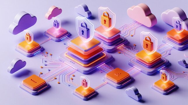 Isometric 3D diagram shows virtualization architecture with hypervisor layers. Digital cloud network connects servers using secure data protection icons. Glowing padlocks on tech platforms represent