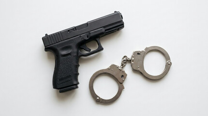 Fototapeta premium Close up of a black handgun and metal handcuffs on a white background symbolizing crime justice and law enforcement