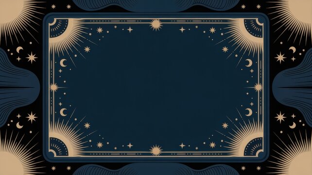 Decorative celestial frame with suns and moons on a dark blue background for card design with rectangular frame ornate sun moon