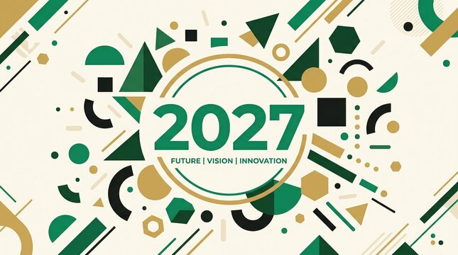 Abstract Geometric New Year Celebration Design In Green And Gold With Beige Background