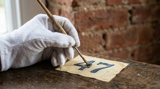 Close up of a gloved hand painting the number 47 on textured paper with a fine brush vintage feel
