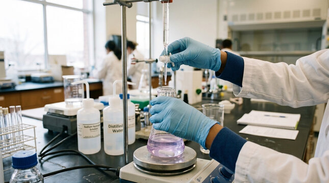 Close up of scientist hands in blue gloves performing chemical titration in a laboratory setting with beakers and equipment