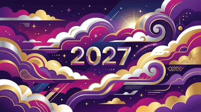 Abstract Future Year Background With Stylized Swirling Clouds In Purple Gold And Pink Colors