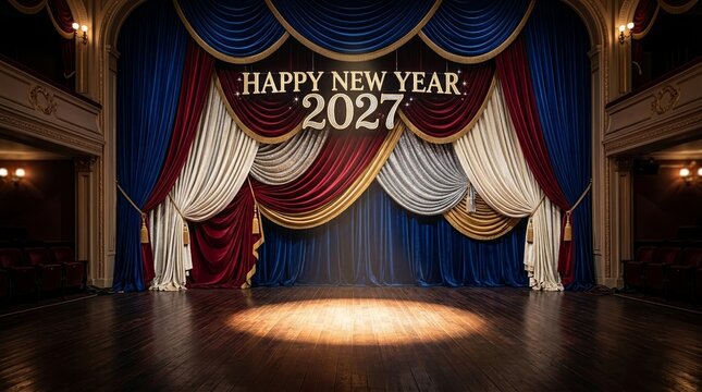 Grand Theater Stage Decorated With Happy New Year 2027 Signage And Elegant Red And Blue Curtains
