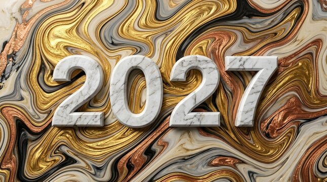 Three Dimensional White Marble Twenty Twenty Seven Text Over Luxurious Gold And Black Liquid Swirl Texture Background