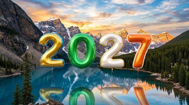 Three Dimensional Metallic Number Balloons 2027 Over Scenic Alpine Mountain Lake At Golden Sunset