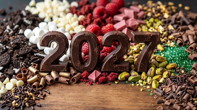 2027 Chocolate Numbers Surrounded By Confectionery Toppings And Fresh Raspberries On Wood Surface