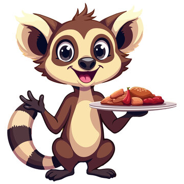 Cute cartoon lemur holding a plate of delicious grilled food sausages and potato wedges vector illustration, funny animal mascot character isolated on white background