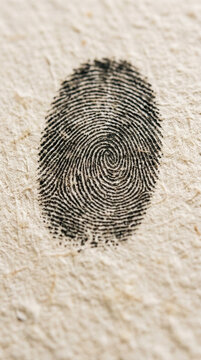 Close up of a Black Fingerprint Impression on Textured Paper Identity and Security Concept