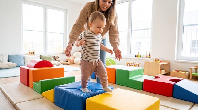 Toddler walking on colorful foam blocks with mother supervising in playroom, early childhood development, indoor lifestyle activity